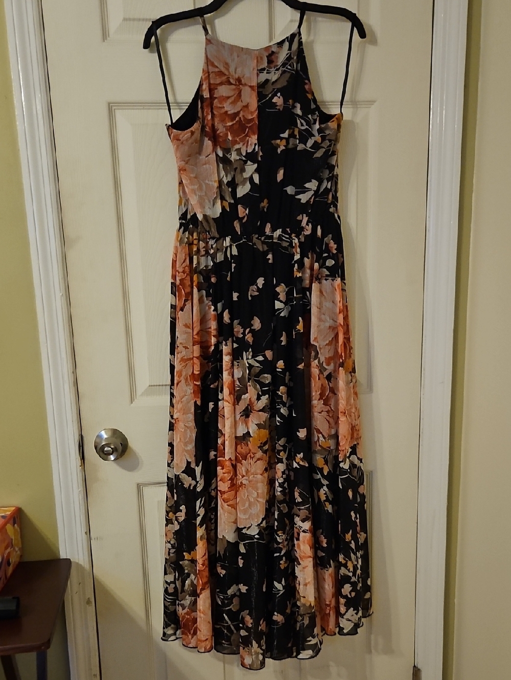 Black Floral Maxi Dress with Peach Blooms and Belt - Picture 3 of 3